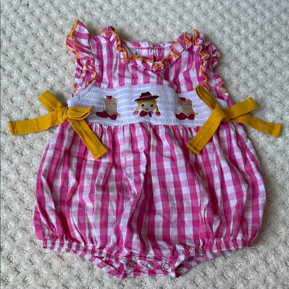 12m Pink Rodeo Checkered Smocked Baby Romper with Yellow Bows
